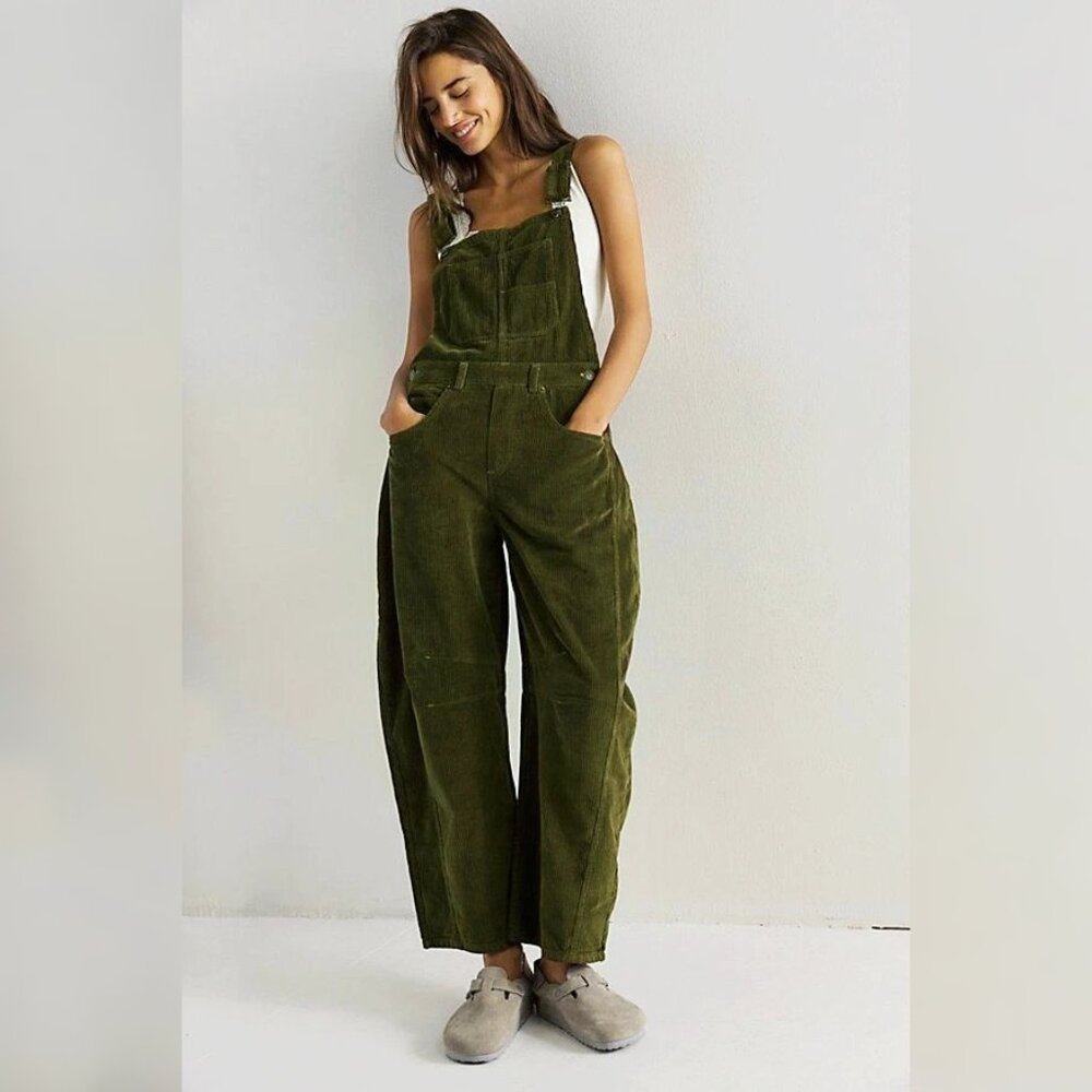 Free People Olive Green Corduroy Overalls Jumpsuit